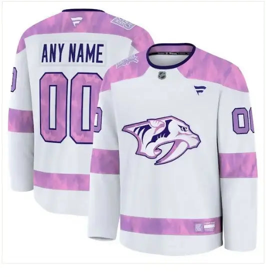 White and purple Nashville Predators 2024 Hockey Fights Cancer custom practice jersey with saber-toothed tiger logo