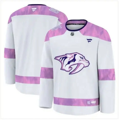 White Nashville Predators hockey practice jersey with purple and pink accents and logo
