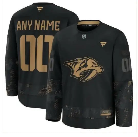Black and gold Nashville Predators 2024 Military Appreciation personalized long sleeve hockey jersey