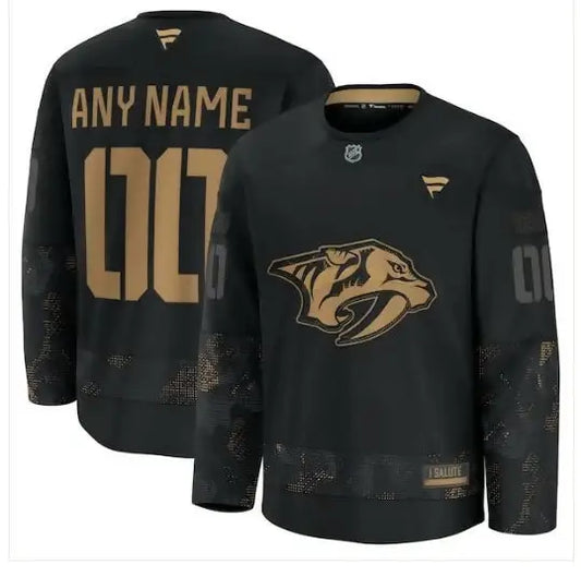 Black and gold Nashville Predators 2024 Military Appreciation personalized long sleeve hockey jersey