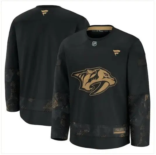 Black Nashville Predators 2024 Military Appreciation Practice Jersey with gold saber-toothed tiger logo