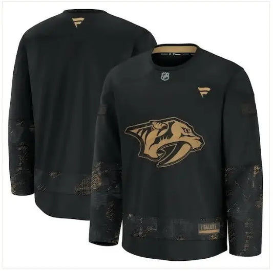 Black Nashville Predators 2024 Military Appreciation Practice Jersey with gold saber-toothed tiger logo