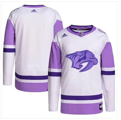 White and purple Nashville Predators hockey jersey with sabretooth tiger logo