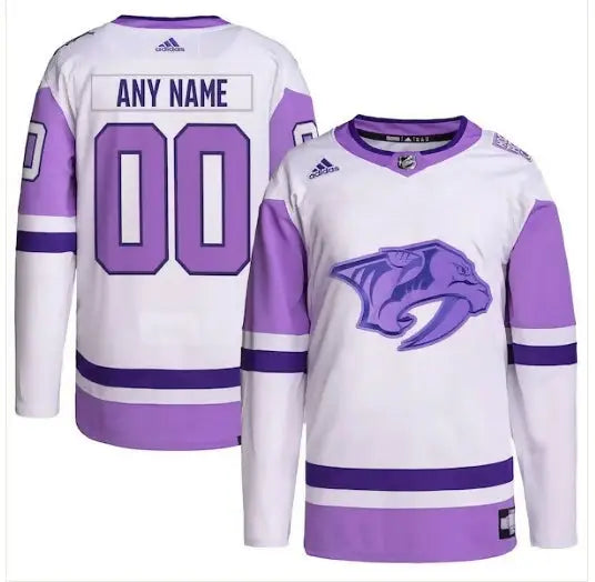 White and purple Nashville Predators hockey jersey with team logo and adidas branding