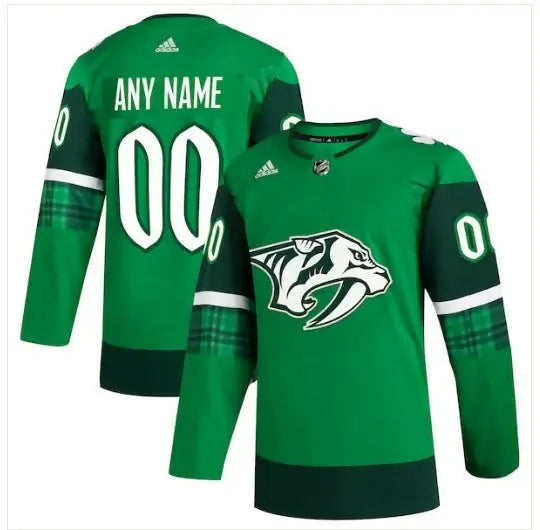 Green Nashville Predators St. Patrick’s Day jersey with sabretooth tiger logo and white accents