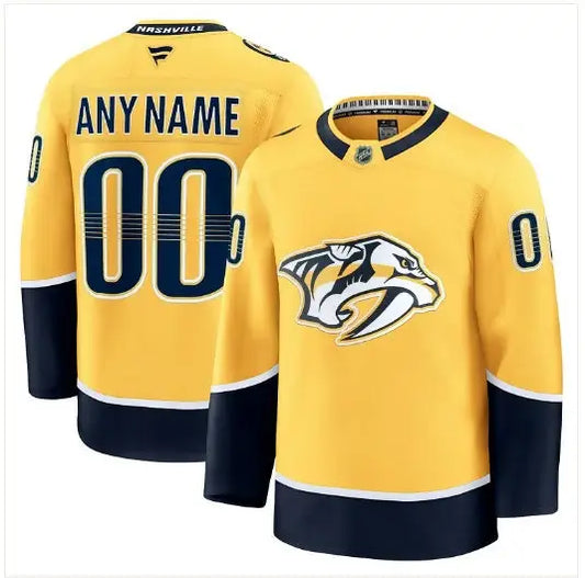 Yellow and blue Nashville Predators away premium custom hockey jersey with sabretooth tiger logo