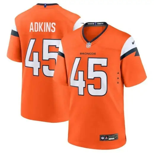 Orange Denver Broncos Nate Adkins #45 Nike Team Game Jersey on display