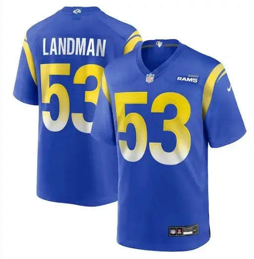Blue Los Angeles Rams Nike team game jersey with LANDMAN and 53 on the back