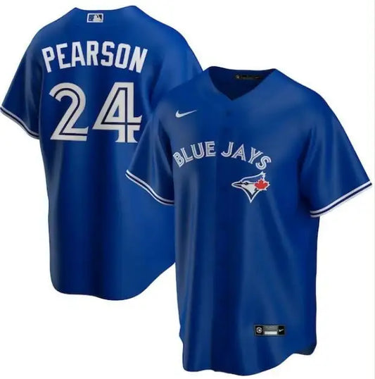 Royal blue Toronto Blue Jays Nate Pearson Nike replica jersey with bird logo and player name