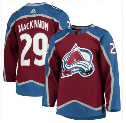 Nathan MacKinnon Colorado Avalanche away burgundy hockey jersey displayed on a product page