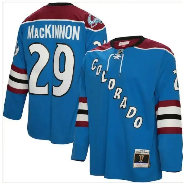 Blue Colorado Avalanche hockey jersey featuring Nathan MacKinnon for Big & Tall fans