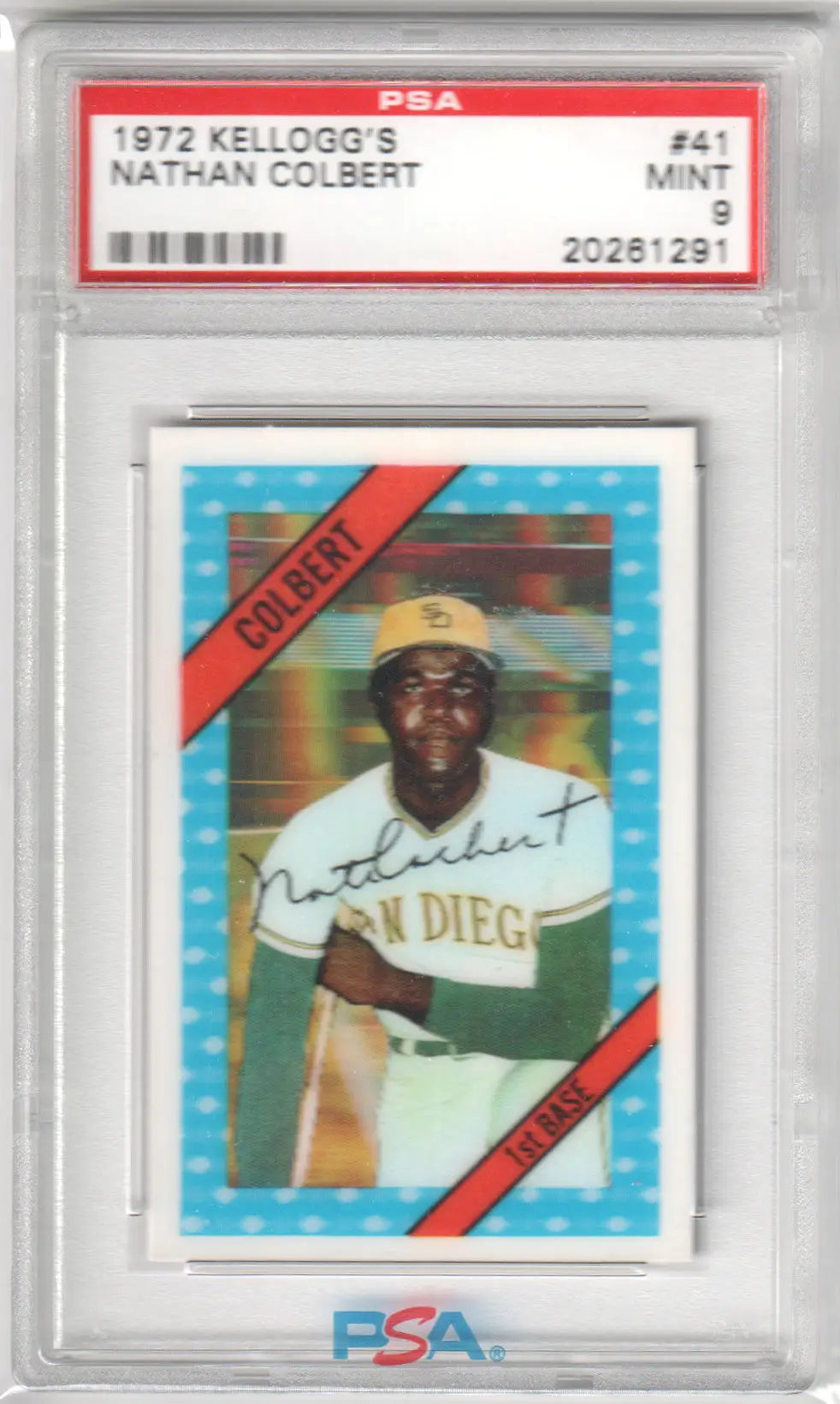 Graded Nathan Nate Colbert 1972 Kellogg’s baseball card PSA 9 MINT issued by Columbia Hobby