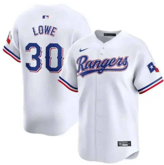 White Texas Rangers baseball jersey featuring Nathaniel Lowe Nike Home Limited Player detail