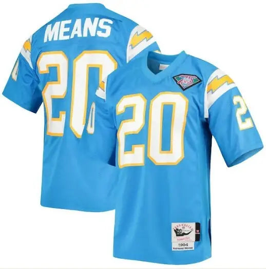 Light blue Natrone Means Los Angeles Chargers throwback jersey with 20 on front and back