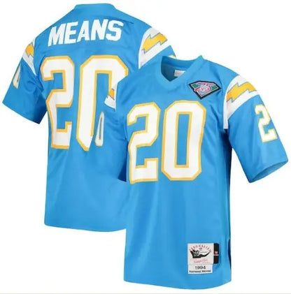 Light blue Natrone Means Los Angeles Chargers throwback jersey with 20 on front and back