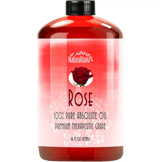 Bottle of Naturalitana 16oz rose essential oil for aromatherapy diffuser and soap making