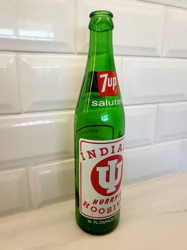 Green 7-Up Indiana Hoosiers empty collectible bottle from NCAA championship souvenircollection