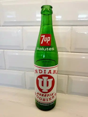 Green NCAA Championship Indiana Hoosiers empty collectible 7up souvenir bottle