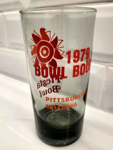 Cracked NCAA Vintage 1979 Fiesta Bowl souvenir glass featuring Bowl Booster design