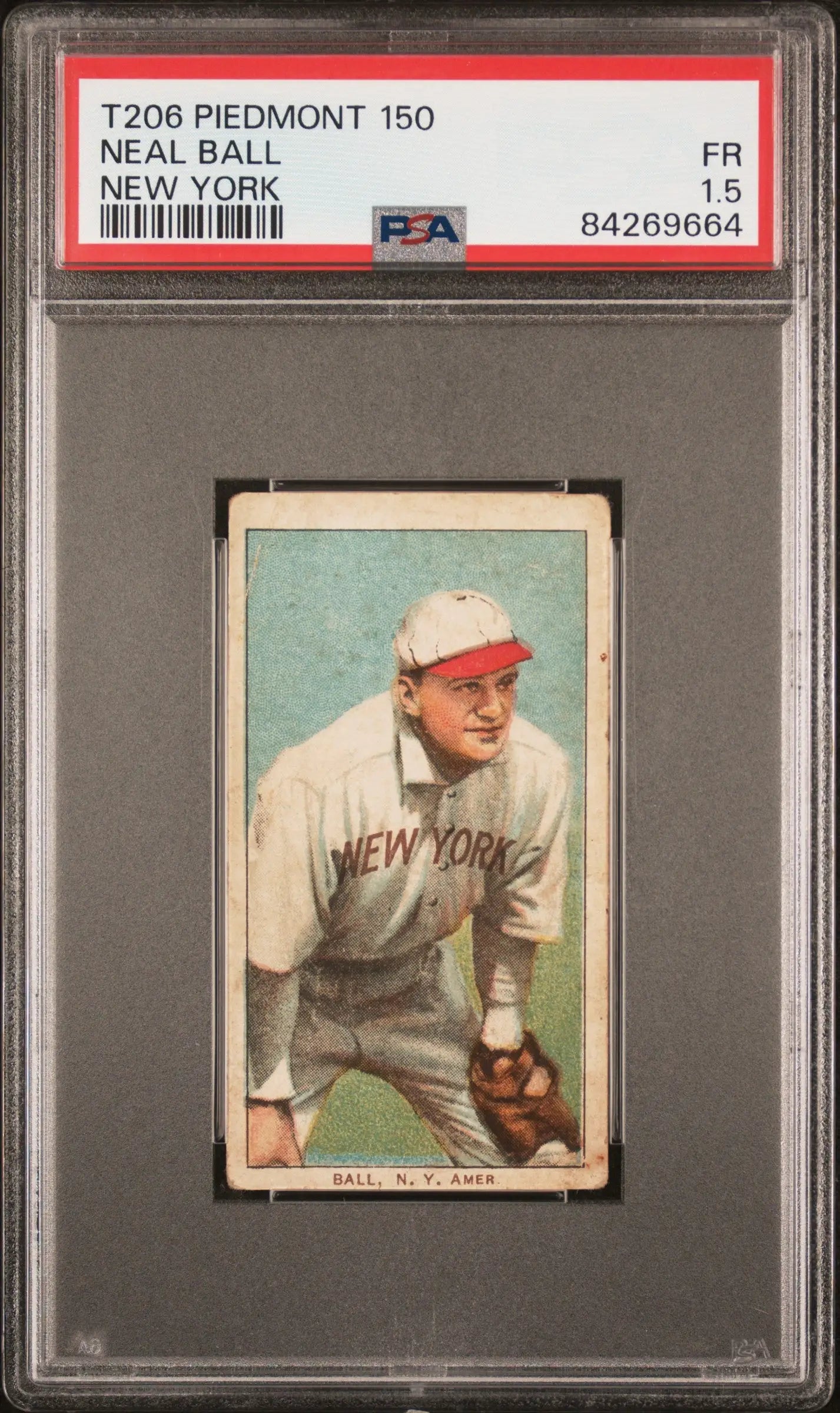 PSA-graded T206 Piedmont 150 baseball card of Neal Ball in New York white uniform