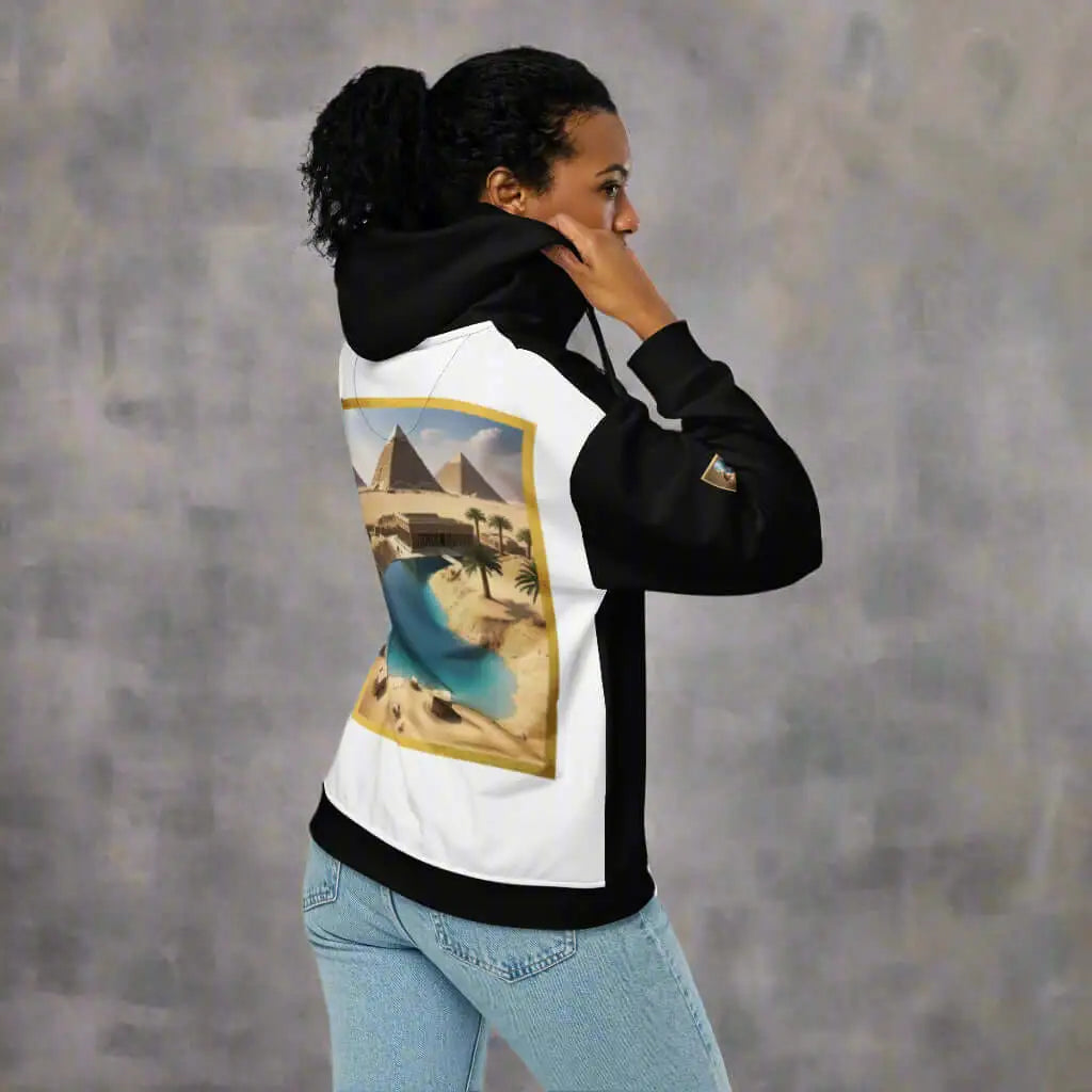 Woman wearing the Nefertiti of Egypt unisex zip hoodie with Egyptian desert landscape design