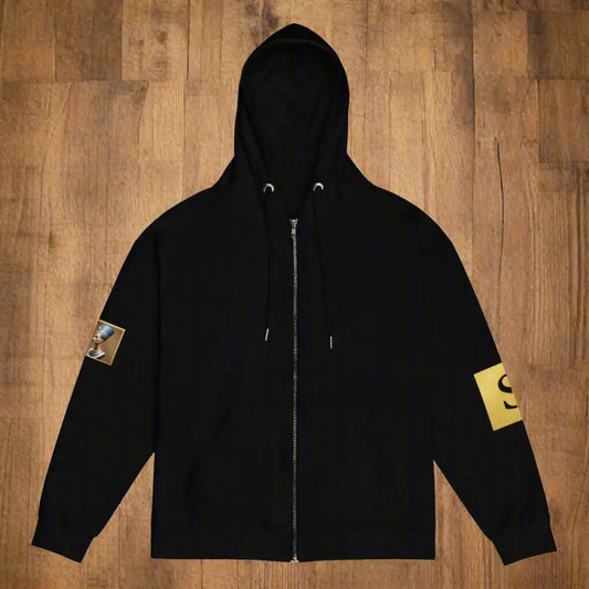 Black Egypt unisex zip hoodie with graphic artwork, square images on sleeves, stylish design
