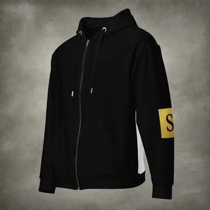 Black Egypt unisex zip hoodie with yellow S patch, stylish and comfortable product safety