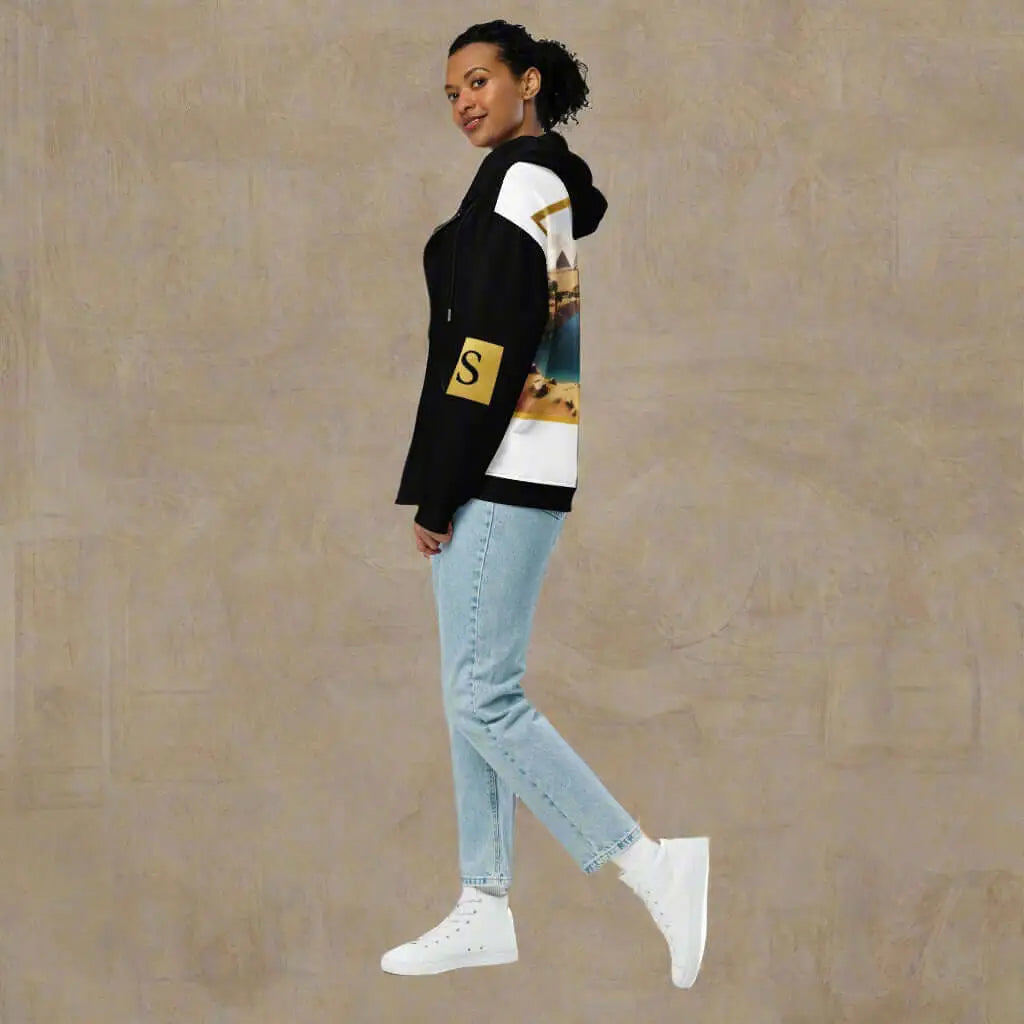 Black and white Egypt unisex zip hoodie with landscape print, yellow S patch, jeans, sneakers