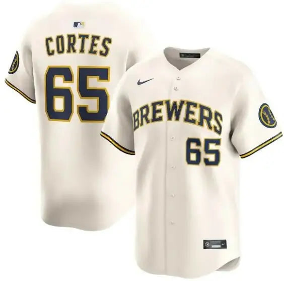Cream-colored Nestor Cortes Milwaukee Brewers Nike Home Limited Player Jersey displayed