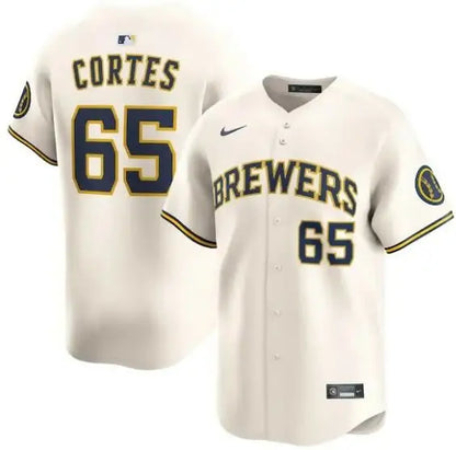 Cream-colored Nestor Cortes Milwaukee Brewers Nike Home Limited Player Jersey displayed