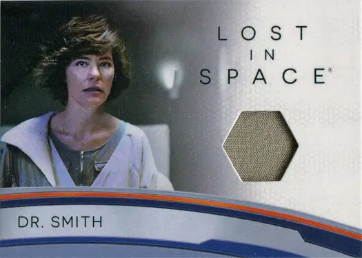 Trading card featuring Dr. Smith’s portrait and fabric swatch from Lost in Space relic card