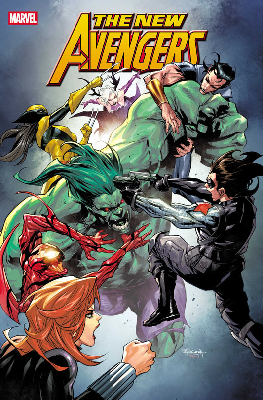 Comic book cover of New Avengers #3 featuring heroes battling a green monster