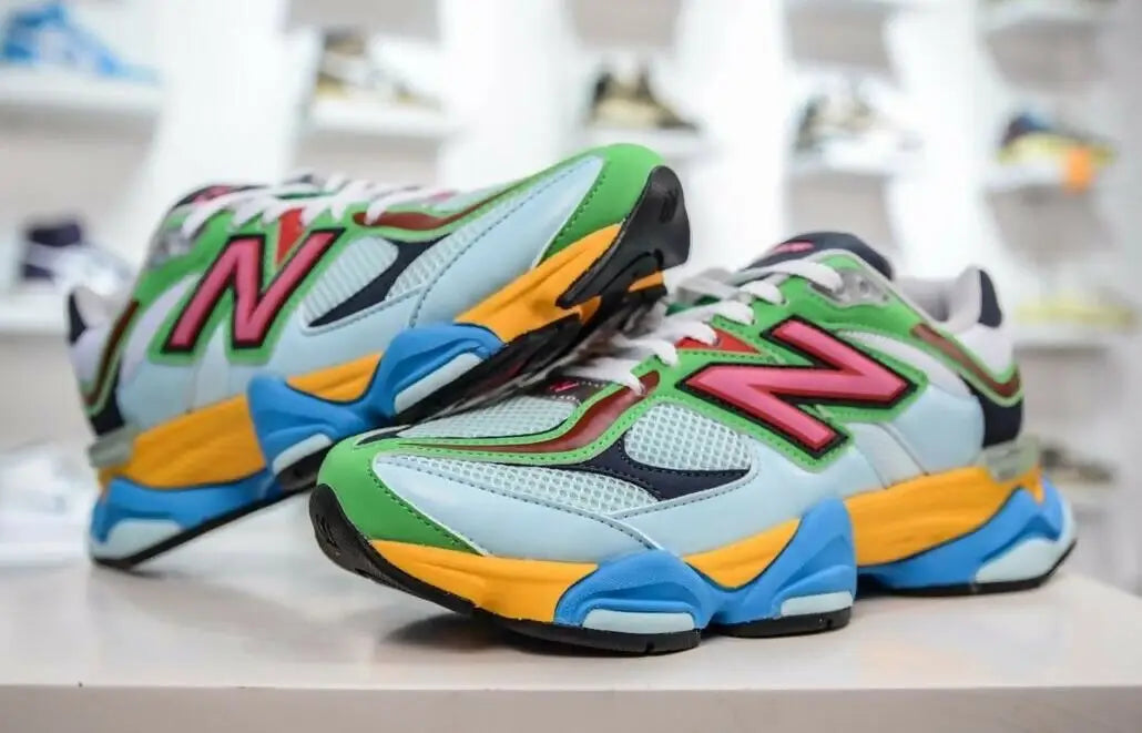 Colorful New Balance 9060 Beach Glass Pink sneakers with chunky sole, fast shipping available