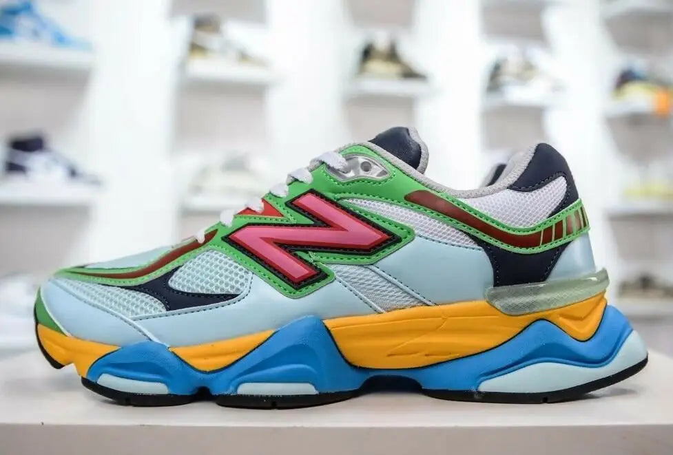 Colorful New Balance 9060 Beach Glass Pink sneaker with vibrant green pink blue design