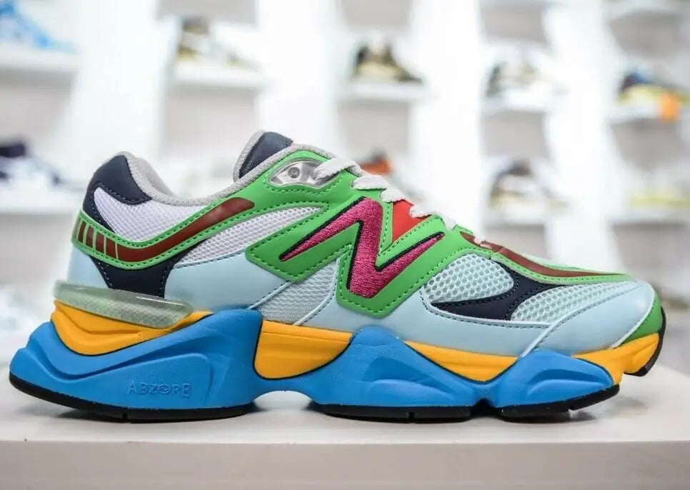 Multi-colored New Balance 9060 Beach Glass Pink athletic shoe with chunky sole, fast shipping