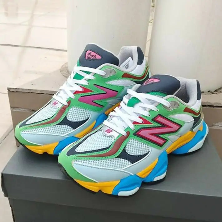 Colorful New Balance 9060 Beach Glass Pink sneakers with green, pink, blue, and yellow accents, fast shipping available