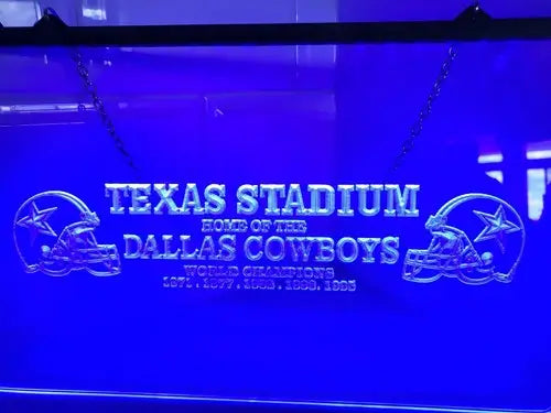 Illuminated Dallas Cowboys sign on etched glass LED sign at Texas Stadium