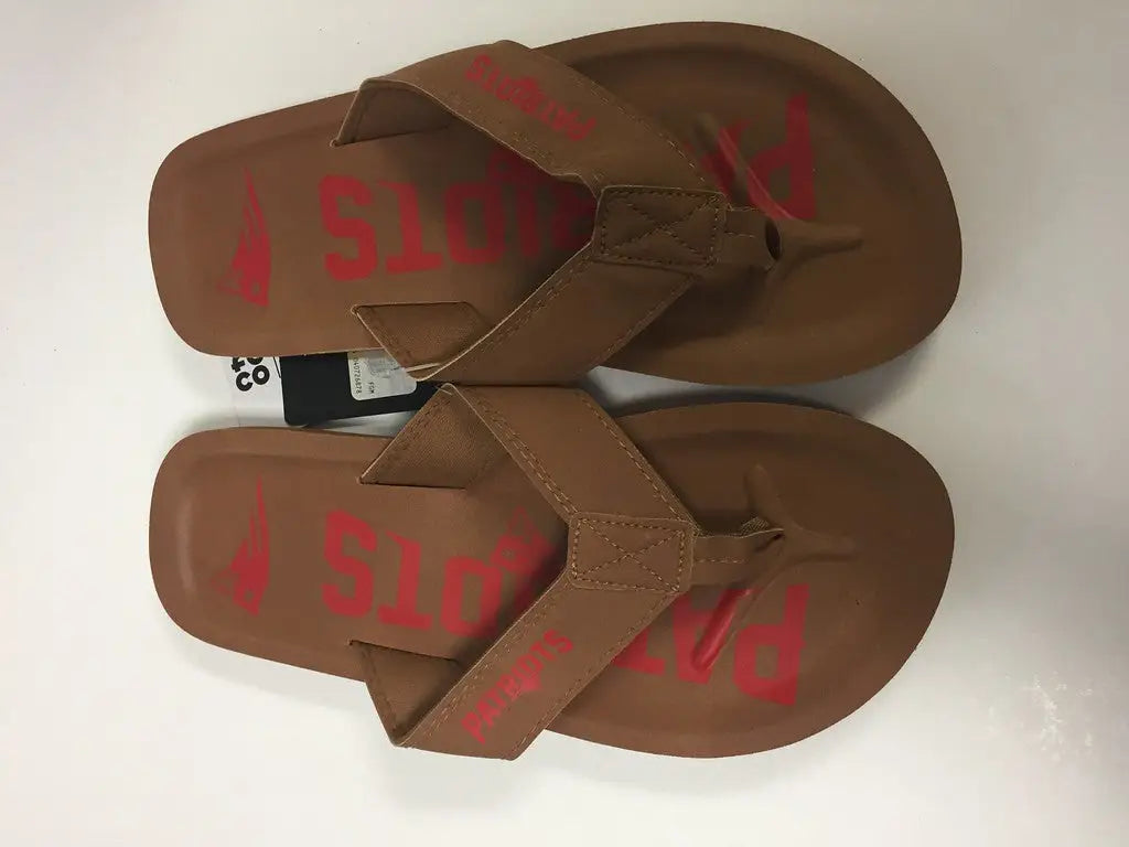 Brown New England Patriots Color Pop Contour Flip Flops with red text design