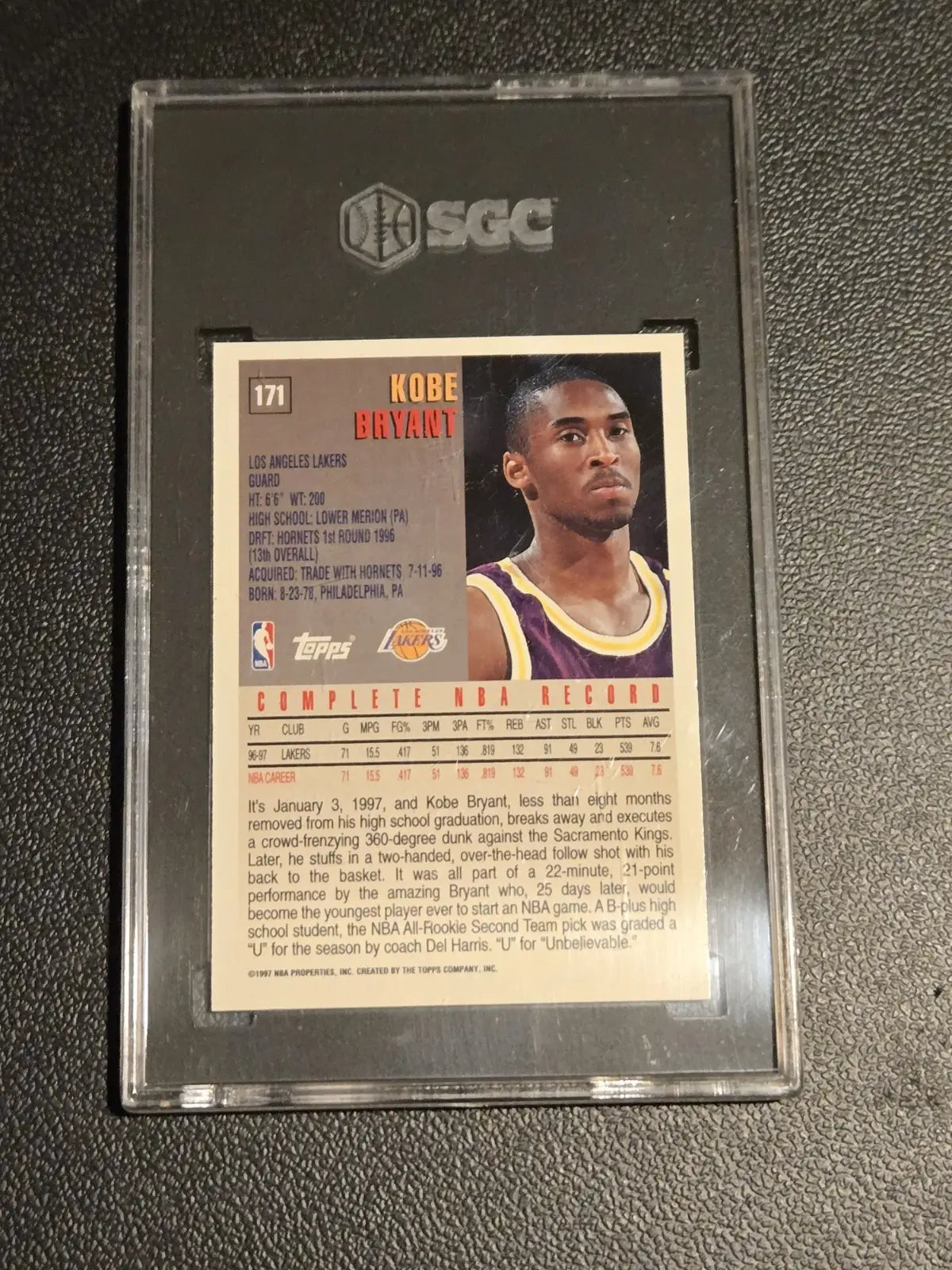 Graded Kobe Bryant basketball card featuring Los Angeles Lakers memorabilia