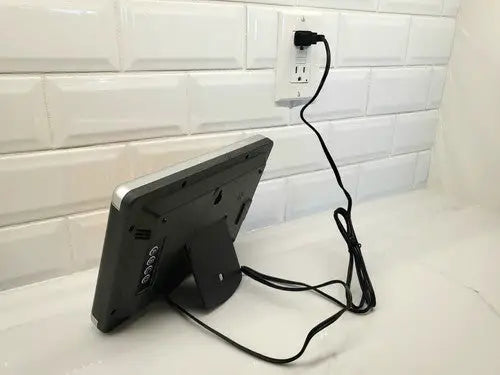 Black digital picture frame with power cord, compatible with NFL Los Angeles Rams LED scoreboard and alarm clock functionalities