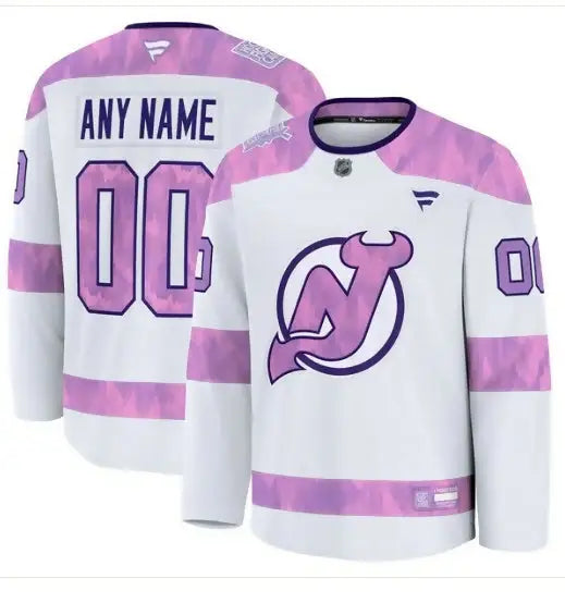 White and pink New Jersey Devils hockey jersey with customizable name and number for 2024