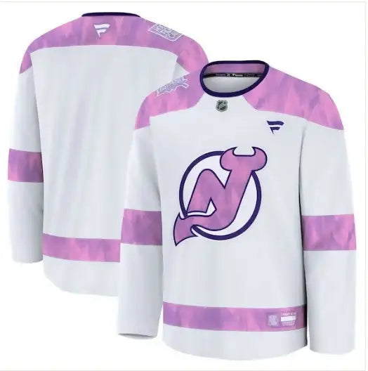 White New Jersey Devils 2024 Hockey Fights Cancer Practice Jersey with purple accents