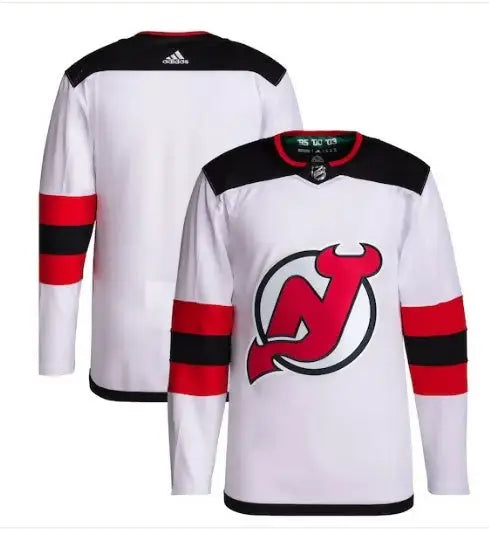 White New Jersey Devils adidas Away Primegreen authentic hockey jersey with black shoulders and red and black armbands