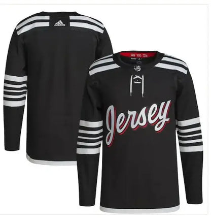 Black New Jersey Devils adidas men’s 2021/22 alternate Primegreen authentic hockey jersey with white stripes and script logo