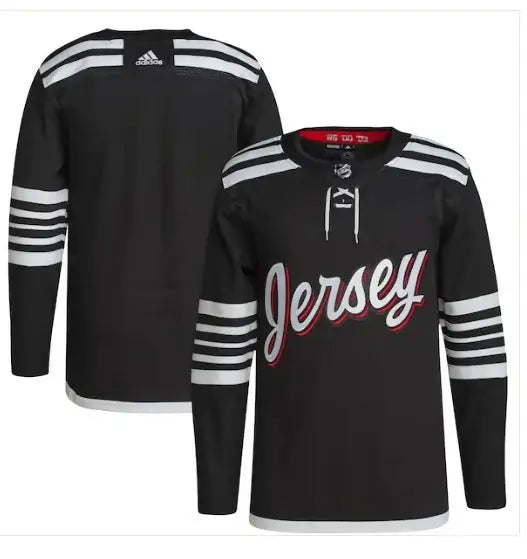 Black New Jersey Devils adidas men’s 2021/22 alternate Primegreen authentic hockey jersey with white stripes and script logo