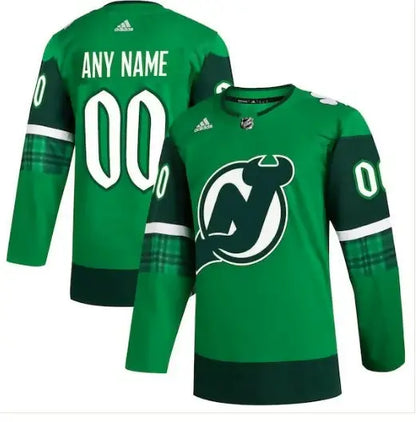 Customizable green New Jersey Devils hockey jersey for St. Patrick’s Day celebration