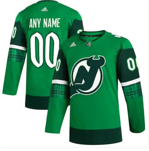 Customizable green New Jersey Devils hockey jersey for St. Patrick’s Day celebration