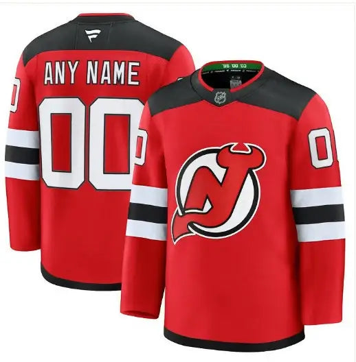 Red and black New Jersey Devils hockey jersey displayed in New Jersey Devils Away Premium Custom Jersey - Red
