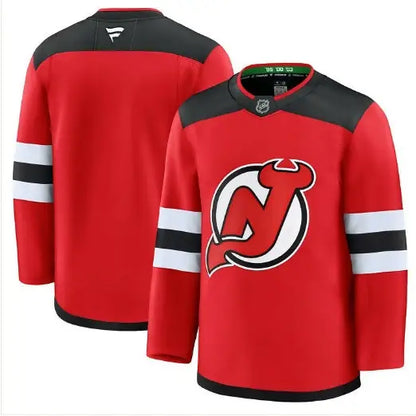 Red New Jersey Devils away premium hockey jersey with black yoke and logo