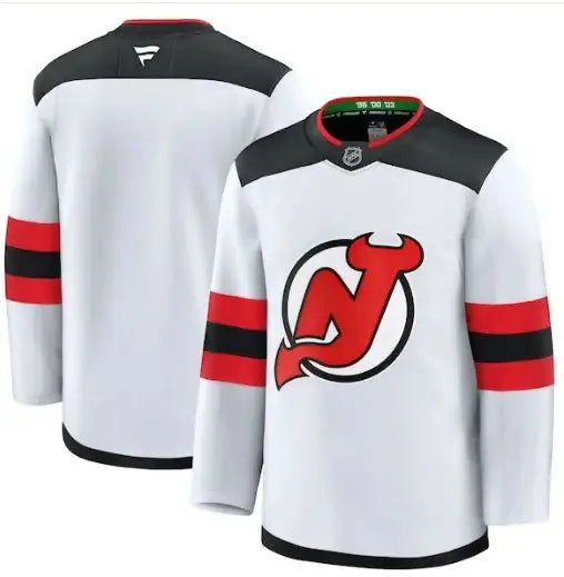 White New Jersey Devils away premium hockey jersey with black shoulders and red black logo